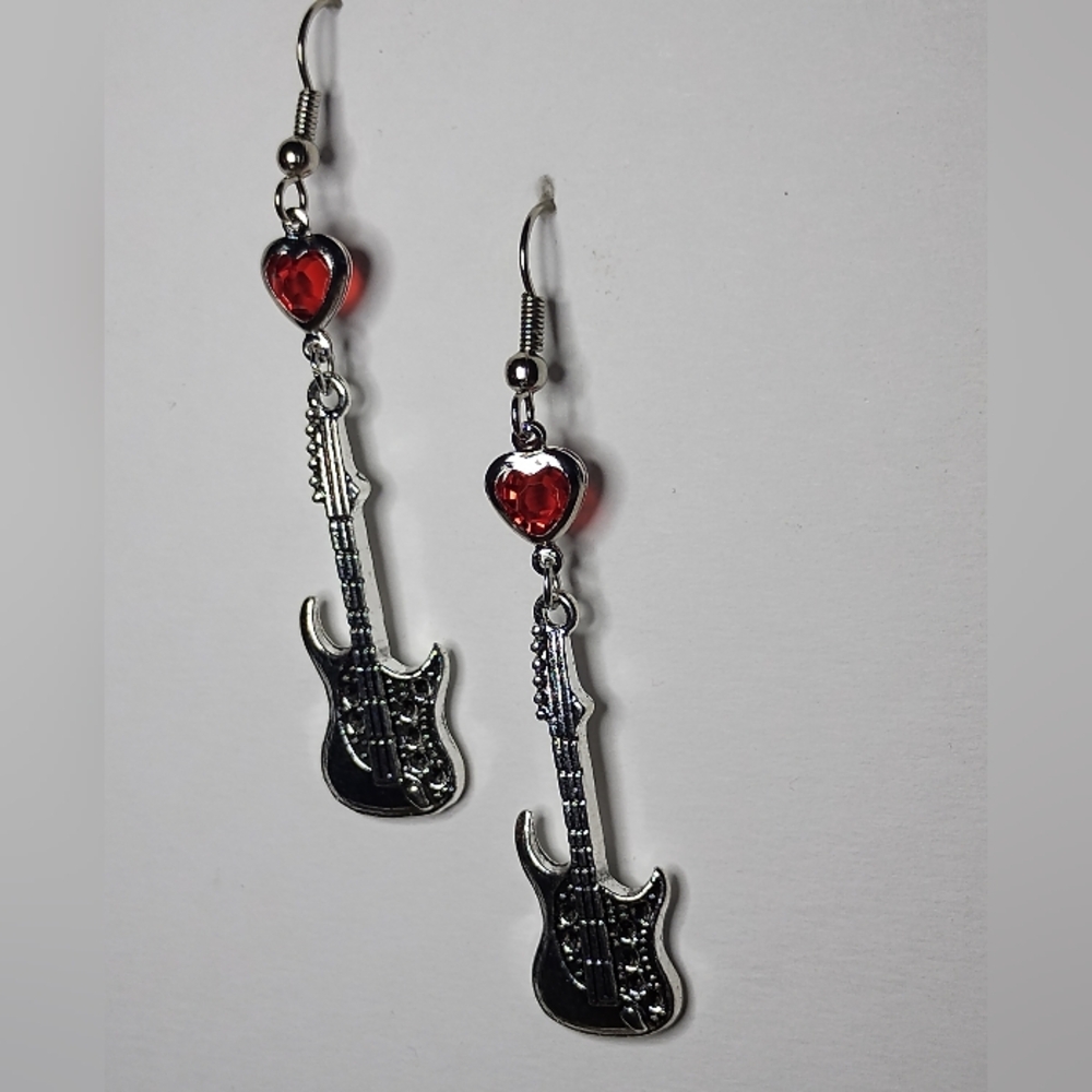 Awesome guitar earrings with red heart charm